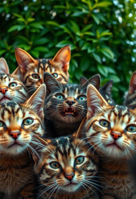 An award-winning close-up selfie of a group of cats capturing their expressive and playful faces in stunning detail. The shot includes multiple cats and kittens, each with unique expressions—one grinning widely, another with a curious tilt of the head or making a funny face. Their rich, textured fur and deep, soulful eyes are rendered with incredible clarity, highlighting their individual personalities. The lighting is natural and warm, enhancing the cats fur and creating a beautiful contrast against the lush, green foliage in the blurred background. The composition is perfect, with all faces in sharp focus, bringing out the heartwarming and endearing qualities of these intelligent creatures.