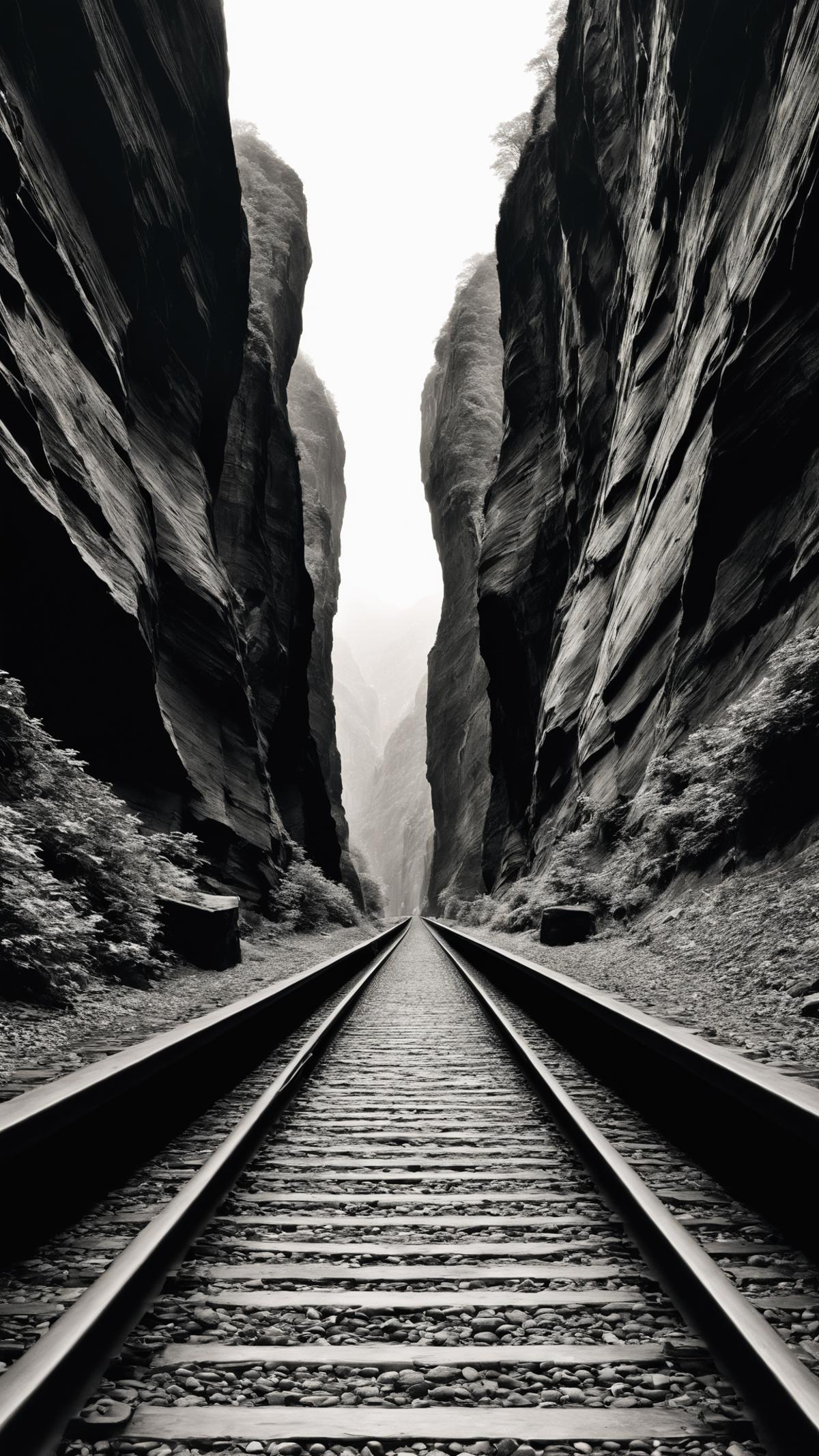 A black and white image of a train track between two rocky cliffs.