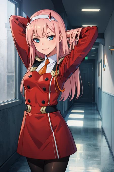 zerotwo horns, hairband, necktie, red dress, pantyhose horns, hairband, red bodysuit, armlet, mecha horns, hairband, white bodysuit, white gloves, mecha peaked cap, red dress, white gloves, jacket on shoulders, pantyhose