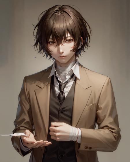 (masterpiece, best quality:1.2), <lora:bsd_atsushi-10:0.7>, upper body, solo, male focus, 1boy, dazai osamu, expressionless, brown jacket, bandages