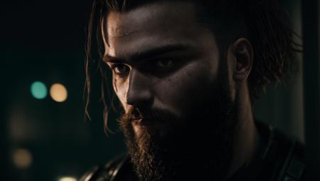 cyberpunk film, raw photo of man with beard, 3/4, soldier, armor, close up, half face, deep night, dark room, hight quaility, detailed skin, clear face, detailed hair, cinema shot, hdr, sharp focus,