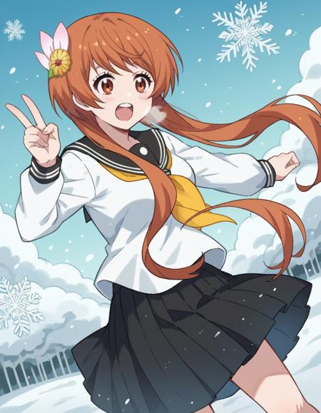 marika tachibana, long hair, brown hair, hair ornament, brown eyes, flower, sidelocks, hair flower, short hair with long locks, medium breasts skirt, long sleeves, school uniform, serafuku, black skirt,