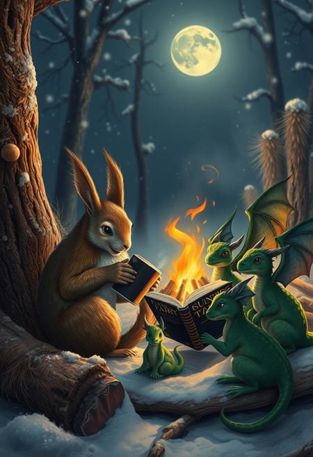 During a dark snowy night a huge squirrel sits nearby fallen tree next to a  big campfire and  eats a walnut and holds a cup of tea, sits among  a group of little green dragons with dark green wings. They read a fairy tales book. Book's cover is dark with golden letters. Snow around, snowy, winter forest, vivid colors, realistic details like seeing under an electron scanning microscope