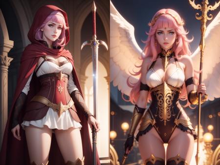 <lora:CREATED_ANIME_ShingekiNoBahamut_Sofiel_v01_dim8:0.6>sofiel \(shingeki no bahamut\), 1girl, red cloak, holding sword, 64K, f1.2, 800mm, UHD, dynamic lighting