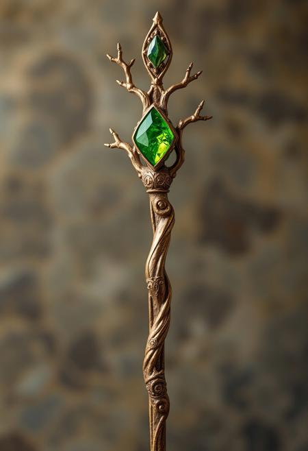 A Highly Detailed Ancient Branch shaped Scepter With A Lime green Gem embedded in it