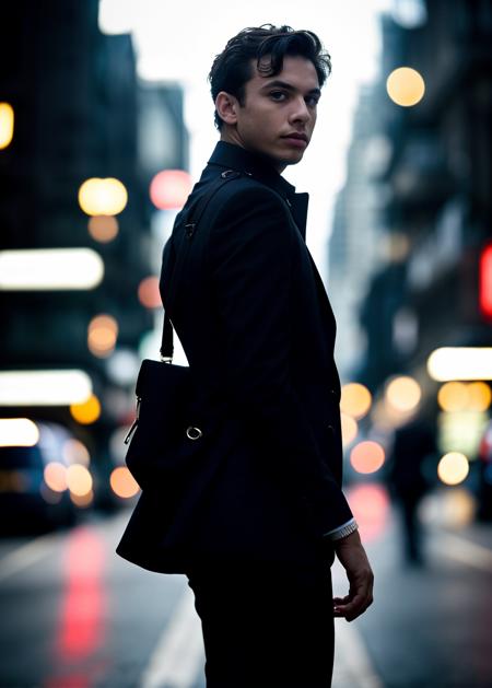 backside portrait of a glamorous hollywood (English man:1.3), (working as a Guide in Age of Quantum Cryptography Wuhan street:1.1), at dawn, arms in the air, Luminous Ring light, (bright camera flash photography:1.2), Soft neutrals aesthetic, (focus on the eyes), (hard shadows, pitch black background, unlit,  dark theme, dim lighting, deep contrast:1.1), (background in focus), (motion blur, lens blur, out of focus:1.1)