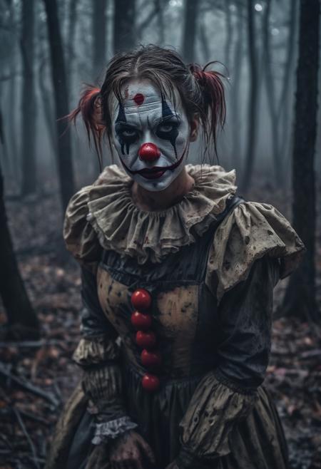 dark closeup of a scary clown girl in a dark forest, fog, rain, dark makeup, black painted face, ripped clothes, covered in blood, mud, shot at night, extreme detailed, majestic, hdr, realistic, dark lighting, Surreal Harmony