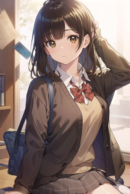 sayuogiwara, <lora:sayuogiwara-lora-nochekaiser:1>,
sayu ogiwara, brown hair, (brown eyes:1.5), medium hair,
BREAK school uniform, bow, red bow, long sleeves, sweater, shirt, collared shirt, white shirt, skirt, pleated skirt, black skirt, socks, brown sweater,
BREAK looking at viewer, full body,
BREAK indoors, classroom,
BREAK <lyco:GoodHands-beta2:1>, (masterpiece:1.2), best quality, high resolution, unity 8k wallpaper, (illustration:0.8), (beautiful detailed eyes:1.6), extremely detailed face, perfect lighting, extremely detailed CG, (perfect hands, perfect anatomy),