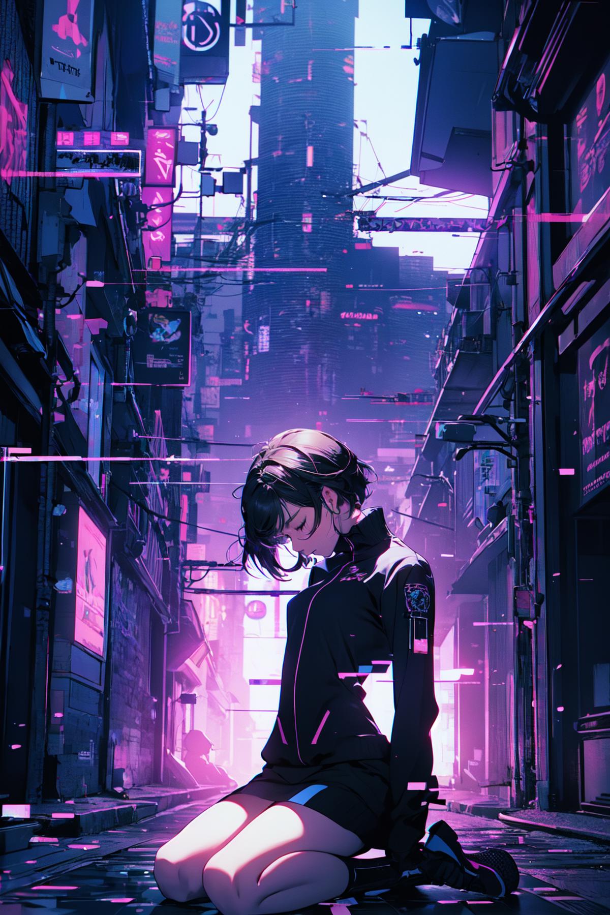 A woman in a futuristic city looks at the camera.