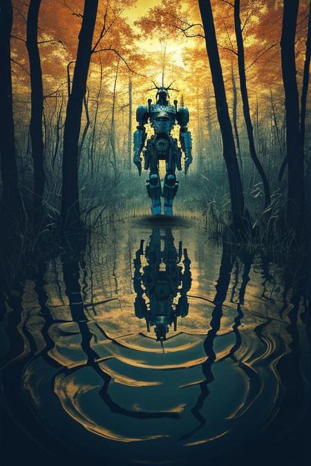(Film still cinematic photography, tilt angle, bokeh, perfect composition, f 1.8, 44mm:1.1), (hyperdetailed forest, autumn theme:1.0), (archaic military mech walking in a swamp, ripples of water move:1.3), (turning pose, change pose each time:1.1), (natural aura, light blue aura, black aura:1.2), (sunset), (in the style of (Russ Mills:1.2), (Marta Bevaqua:1.4), (Hans Bellmer:1.1)),
<lora:RMSDXL_Creative:1.1>
<lora:epiCRealLife:0.3> <lora:Helper:0.5> <lora:epi_noiseoffset2:0.3> <lora:lowkey_v1.1:0.1> HyperSmoke, sunny background, blue background, intimate theme, afterglow 
(Bad_pictures:1.3)