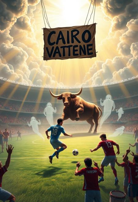 In a grand, celestial stadium filled with roaring clouds and beams of golden light, Diego Maradona, Gigi Meroni, and Valentino Mazzola are locked in an intense soccer match. Maradona, in his iconic blue Argentine jersey, moves with unmatched skill, while Meroni, in his Torino kit, dribbles with flair, and Mazzola, wearing his vintage Torino captain’s armband, commands the game with authority. The stadium is packed with a heavenly crowd, but among them are rowdy, ghostly hooligans waving scarves, shouting passionately, and banging drums, their chants echoing through the ethereal air.
A massive, burgundy bull stands just outside the field, snorting aggressively, its muscular form glowing in the light, representing raw energy and strength. Its presence adds tension, as if symbolizing the ferocity of the sport and the fans.
Above the stands, a large, hand-painted cardboard sign hangs—‘CAIRO VATTENE’—the black letters uneven and bold, echoing the frustration of fans. The hooligans, rowdy and vocal, chant in support, waving banners and flags, creating an atmosphere of protest within this heavenly arena.
The players remain focused, sweat beading on their faces, as if this match is just as critical as any they played in life. The mix of celestial beauty, the intense energy of the hooligans, the looming bull, and the rebellious protest sign creates a scene of passion, sport, and defiance