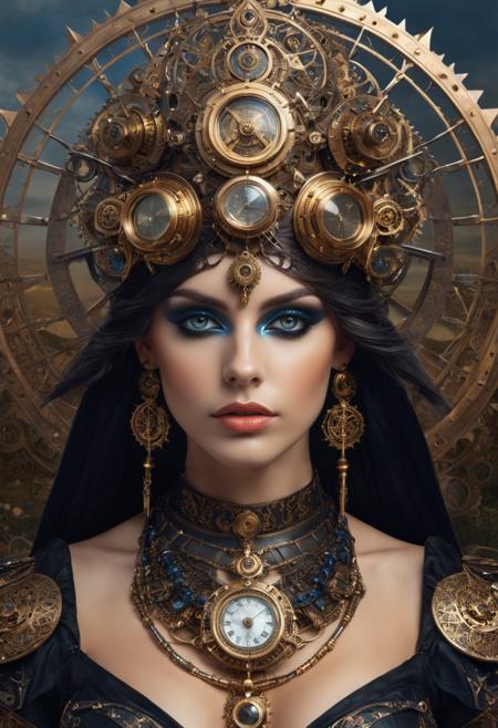 by waterhouse!, gothic, highly detailed, portrait photograph of steampunk beautiful! goddess kali!, photorealism, symmetrical feminine slender face! detailed eyes, elaborate headdress, dramatic lighting, ornate, looking at camera, photorealistic, super resolution, crisp quality, extremely detailed, octane render, 4 k, <lora:xl_more_art-full_v1:0.3> in Serene grids, transcendent fields, quiet repetitions, sublime reduction in Brooding landscapes, epic scale, German myth, layered symbolic density