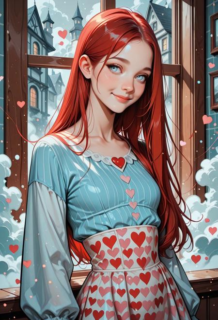 masterpiece, best quality, 32k, high resolution, absurdres, HD32k, 1girl solo, Joana free, Joana, long straight hair, light blue eyes, slim, red hair, small breasts, shy smile, peaceful,composed, depicted, pop_art, halftone_patterns, parted bangs, matt_skin, squares, splash_art, splattered_frame_border, dreamy_look, curious, joy, solo, serene expression, squares, fog, window, dreamlike, front_particles, fairytale_landscape hrtdrp, Hearts Drips,