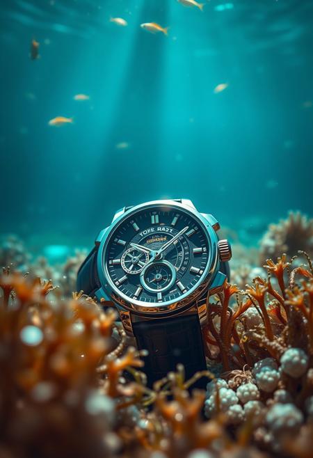 a highly detailed, cinematic photo of a sleek luxury Tourbillon wristwatch lying on the bottom of a deep, turquoise ocean, surrounded by gently swaying seaweed and schools of tiny, shimmering fish, with sunlight filtering down from above, casting an ethereal glow on the entire scene, captured with a shallow depth of field to emphasize the watch's intricate mechanisms and elegant design, using a high-contrast color palette with deep blues and greens to accentuate the sense of depth and realism.