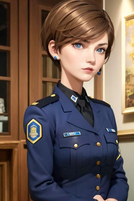 1girl, sxtopaz, short hair, brown hair, blue eyes, earrings, lipstick, police uniform,  <lora:topaz-officer-v1:0.7>