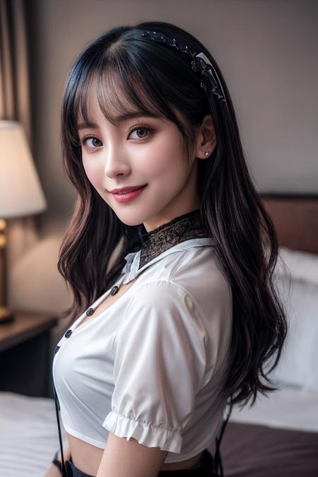 VG03_SoloTI_v1,
(happy,smile,eyes,face),
(Plaid miniskirt paired with a fitted white blouse, a few buttons undone, knee-high socks peeking above lace-up boots, tousled hair styled with a playful ribbon),
(midnight,In hotel room, luxury suite:1.3),
(seductive:1.4),photorealistic, masterpiece, high quality, artistic, unique, award winning photograph, professional, 8k, RAW photo, best quality, 
<lora:add_detail:0.8>,<lora:LowRa:0>, PA7_Portrait-MCU,