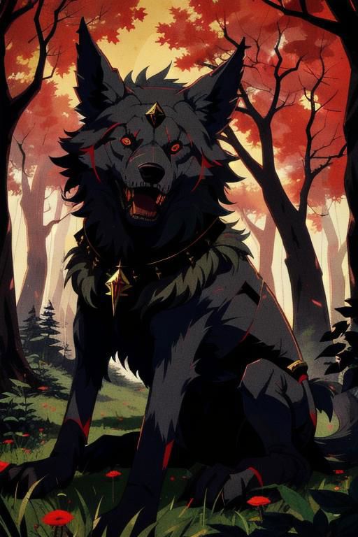 Dark Wolf with Red Eyes and Black Chain in a Forest