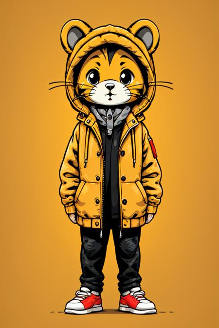 sd mai, flat illustration,
sd mai, flat illustration, solo, jacket, orange background, pants, shirt, whiskers, shoes, standing, looking at viewer, open jacket, black pants, simple background, animal ears, hood, open clothes, sneakers, hamster, 
 <lora:SD_MAIæç®æå¹³æç»:0.7>