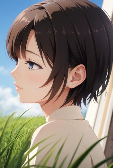 girl with uniform,  finely detailed, full body portrait, illustration, grass, sunny, sky, anime, front view, perfect anime face, detailed face, zoomed out, smooth,  highly detailed <lora:Asou_(asabu202) v2:1>