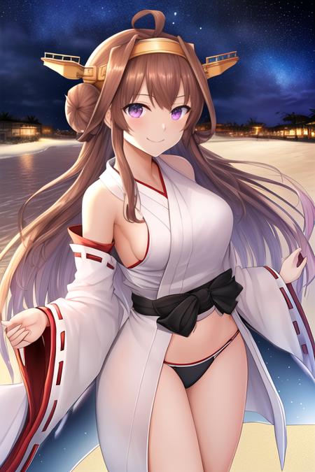 masterpiece, best quality, highres, solo, {night:1.10}, {starry sky:1.10}, beach, beautiful detailed sky, {extremely detailed background:1.20}, {kongou_kantaicollection:1.10}, {standing:1.10}, looking at viewer, {bikini:1.30}, brown_hair, long_hair, ahoge, hairband, hair_bun, double_bun, headgear, nontraditional_miko, smile, purple_eyes, open_mouth, light smile