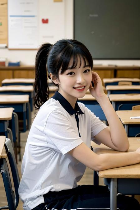 masterpiece,best quality,extremely detailed 8K wallpaper,BANGS,ponytail,1girl,
xiaofu,short sleeves,looking at viewer,standing,outdoors,pants,collared shirt,smile,sitting,classroom,desk,hand on own face,from_side,