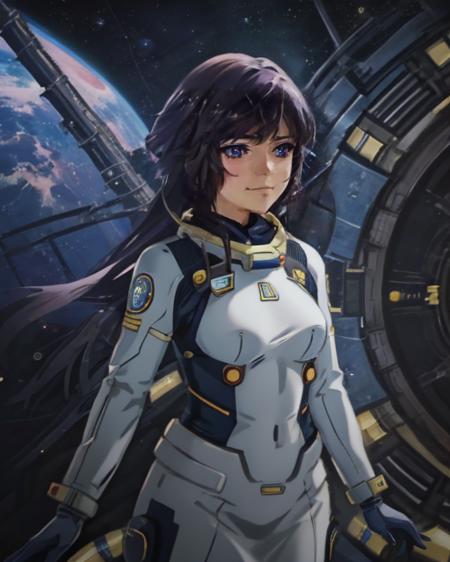 (anime), (illustration), cartoon, detailed, A woman in a futuristic space uniform, against the background of the spaceport <lora:DetaliSlider:2> <lora:Alisa200:0.7>, maximum details