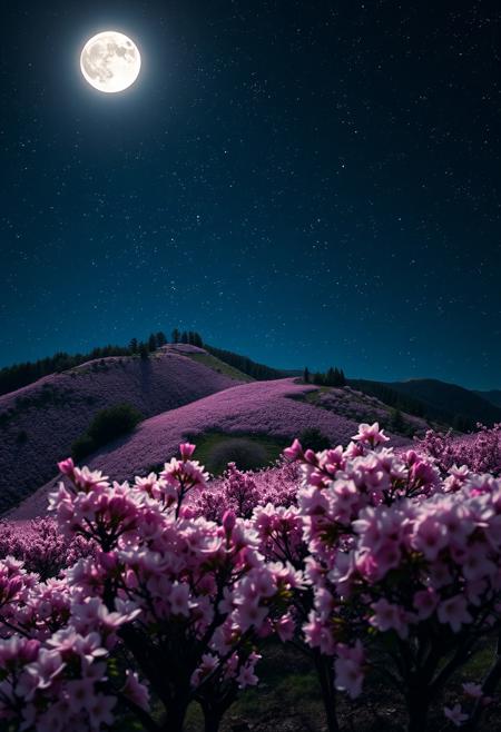 An incredibly beautiful garden of blooming sakura on the mountain slopes, illuminated by a bright moon, a dark night, a very starry sky, many bright stars in the sky.
