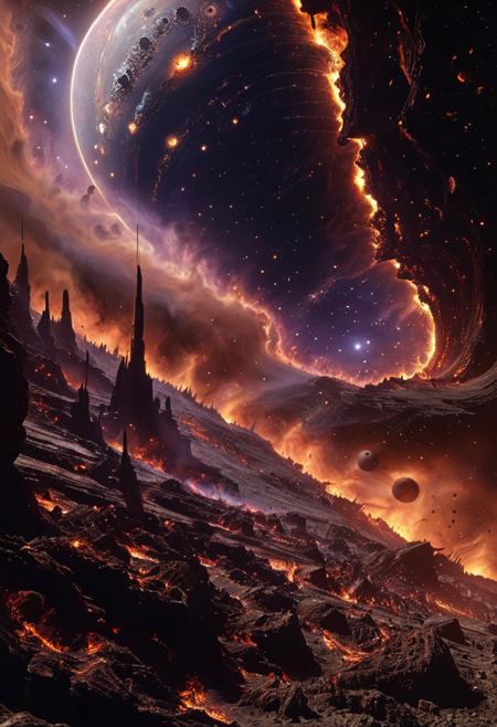 An unfathomable alien entity, the embodiment of cosmic extinction, its ever-shifting form adapting to the deepest fears of those who perceive it. Reality fractures around its presence, stars flickering and vanishing into the abyss. Civilizations crumble into dust without reason, their histories erased, their planets reduced to lifeless stone. The universe itself recoils as its massive, distorted silhouette drifts through the void. Ultra-detailed, hyper-realistic, cinematic lighting, 8K, octane render, cosmic horror, abstract destruction, eldritch terror. alienworld