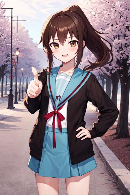 masterpiece, best quality, highres, kk1, 1girl, ponytail, blue sailor collar, long sleeves, open cardigan, serafuku, blue skirt, brown cardigan, red ribbon, long hair,  socks,  <lora:kyonko_v1:0.7>, cowboy shot, hand on hip, outdoors, pointing,