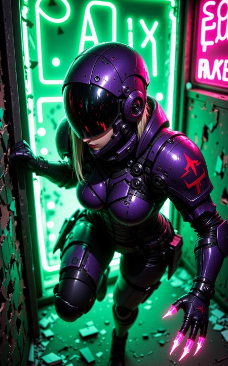 A cyber-soldier woman bursts through a shattered neon-lit alley, deep purple armor glinting under strobing green signage. Her matte black visor reflects chaotic lights as she shoulder-charges a door, metal plating flexing with kinetic energy. Digital camo patterns flicker across her pauldrons, her gloved hand dragging glowing claw marks along the wall as she moves.

anime cyberpunk, tactical armor, neon lighting, high motion, deep purple, green glow, Canadian digital camo







fmlas-mk.1, An1meL1nes