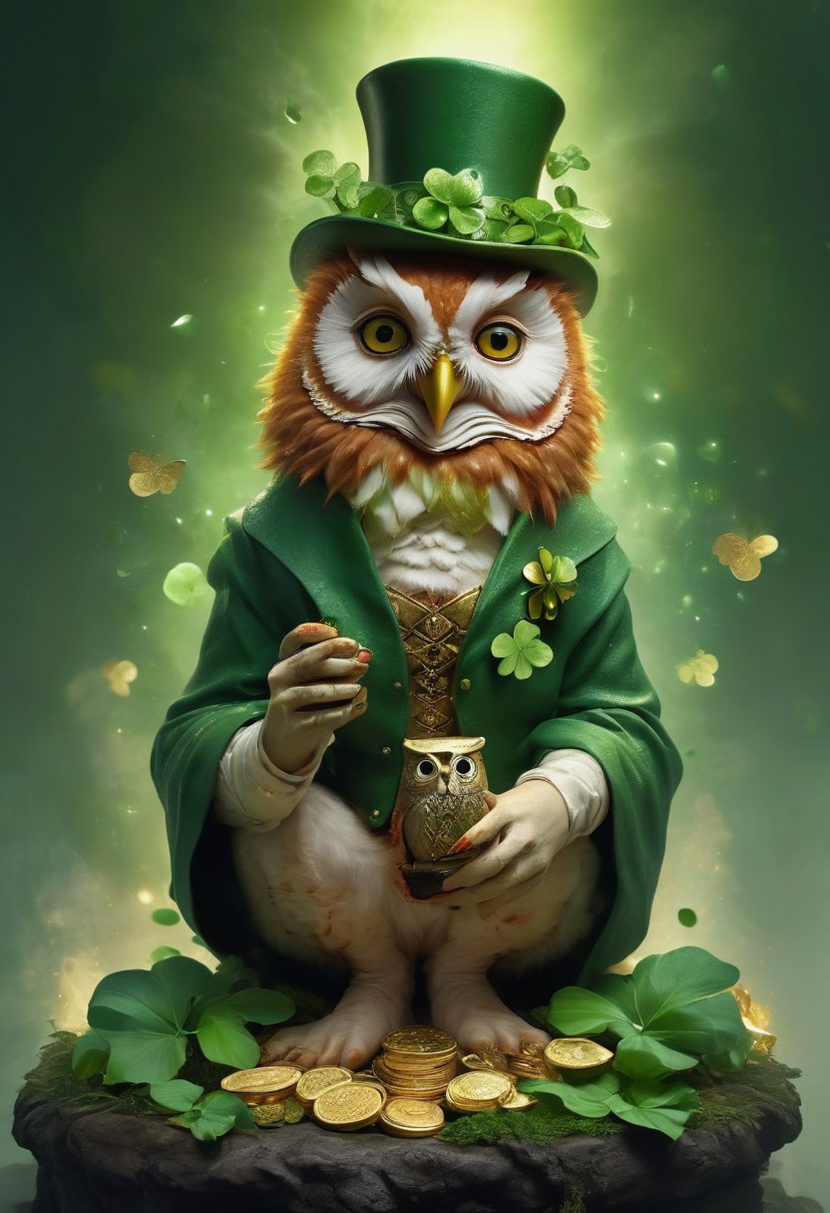 leprechauns ginger woman with corned beef, green, sitting on top owl, glowing eyes, mist, exploding 4leaf shamrock in back...