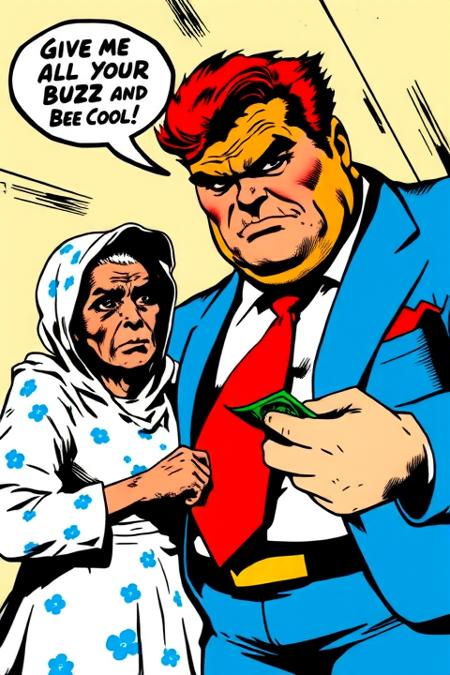 a fat old Classic Comicbook Supervillain with orange hair and wearing a blue suit with red tie is stealing money from a frail poor sad old beggar woman in a white dress made from blue flowered fabric, the supervillain has a thought bubble that reads "Give me all your BUZZ and Bee Cool!"