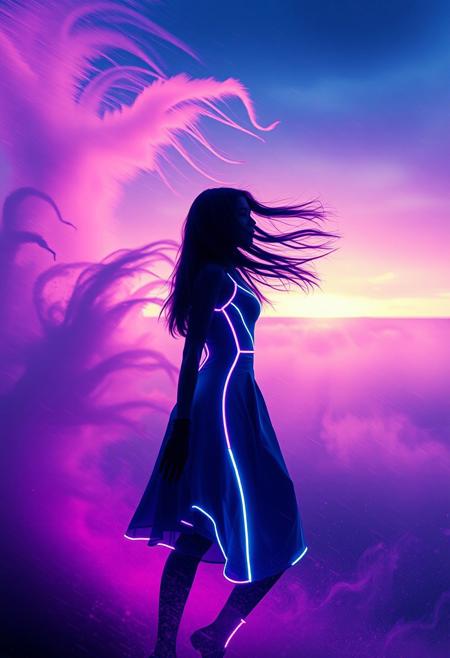(Soft Lighting Photography by Mimoza Veliu and Mario Giacomelli:1.4),NSFW, neon dress, neon_outlines, 1 girl, (wind:1.3), full body, long hair, A futuristic woman, her silhouette defined by vibrant neon lines, stands amidst a swirling storm. Her eyes, filled with intense emotion, gaze towards a distant horizon. The scene captures a poignant moment of farewell, framed in a cinematic style. The atmosphere is charged with the electric buzz of the future, yet tinged with the melancholy of memories fading into the past., glove, dynamic poses, sexy
