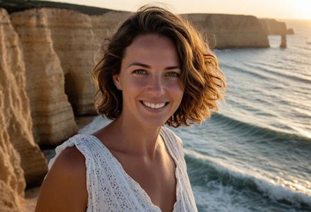 Algarve Cliffside Serenity**  
*A 35-year-old woman (sun-kissed skin, green eyes, wavy short hair) stands atop Algarve’s cliffs, wind lifting her linen dress. Her oval face, with its soft laugh lines and visible pores, glows at sunset, ocean waves below. Canon EOS R5, 70-200mm f/2.8, 8K. Style: Steve McCurry’s vivid realism.*
