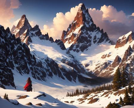 ((master piece)),best quality, illustration, dark, 1girl, In the wilderness,High mountain,Snow-capped mountains in the distance, castle, beautiful detailed eyes, beautiful detailed hair,