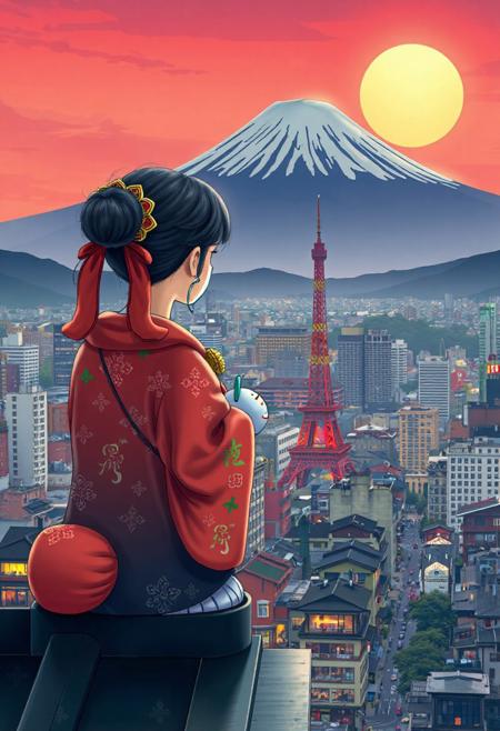 japanese city beautiful  landscape, noon, woman, very intricate, very detailed, sharp, bright, colorful,  mt fuji, tokyo, maneki neko watching from the roof of a building,