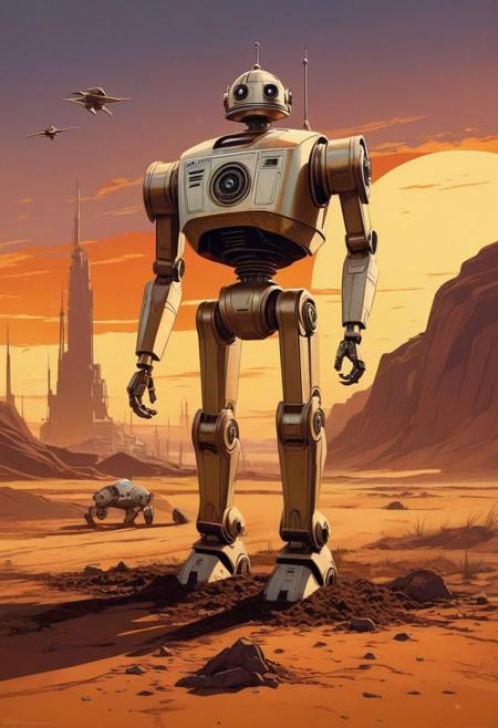 A captivating retro sci-fi art piece by Tom Whalen, featuring a Star Wars-inspired robot standing in the dirt. The robot, reminiscent of the Iron Giant, is a 1980s art deco-style droid with a unique, industrial design. The sunset casts a warm, golden hue over the scene, emphasizing the robot's metallic features. The background reveals a distant cityscape, and the overall atmosphere is nostalgic and reminiscent of classic science fiction.