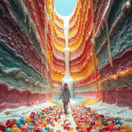 at the bottom of the multi color cake valley. a woman walking approaching wall of cake and tasting. toward viewer. The valley is made from cake and melting cream. between towering, huge cake and huge topping cream. canyon of giant layered cake. bush created from sparkling candies. pebbles of candy spread along the path. Waterfall of wine flowing out of giant bottle.