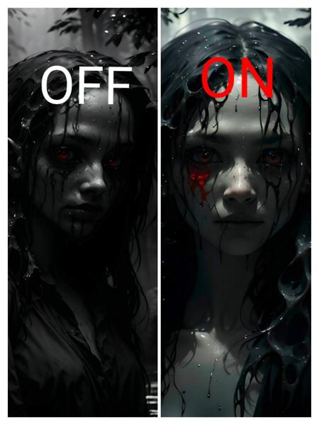 <lyco:death_V1:1.0><lyco:epi_noiseoffset2:1.0>
forest, nature, dark
creepy girl shows her head from the lake, wet hair, detailed face, red eyes, black tears, black patterns on her face, wet skin, fog, cloud, monochrome, death, dark studio
best quality, masterpiece, hdr, photo-realistic, hyper-realistic, perfect detail, hyper-detail, cinematic lighting, dramatic shadows, deep_darkest_V1