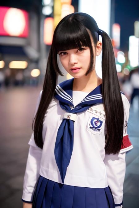 1girl,(wearing a sailor uniform:1.4),(RAW photo, best quality), (realistic, photo-realistic:1.4), masterpiece, an extremely delicate and beautiful, extremely detailed, 2k wallpaper, Amazing, finely detail, extremely detailed CG unity 8k wallpaper, ultra-detailed, highres, hard light,gritty and grainy, beautiful detailed girl, extremely detailed eyes and face, beautiful detailed nose, beautiful detailed eyes,cinematic lighting,city lights at night,(at Shibuya city center),perfect anatomy,slender body,<lora:mizyu_lora:0.7>