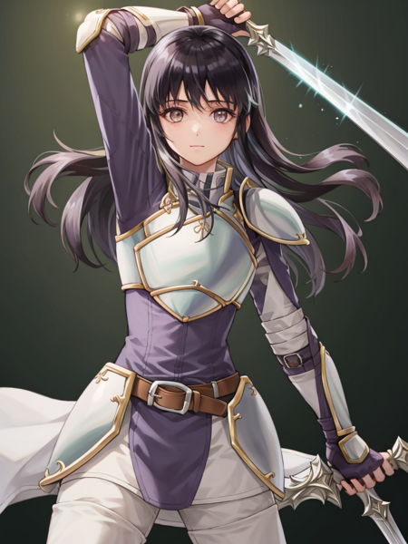 <lora:Astrid_FE-10:0.9>, astrid fe, 1girl, solo, long hair, looking at viewer, gloves, holding, closed mouth, weapon, belt, pants, sword, fingerless gloves, holding weapon, armor, arm up, holding sword, shoulder armor, pauldrons, breastplate, white pants, purple gloves