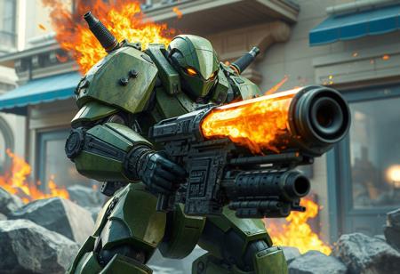 Valkyrie Sigrun robot, green & brown, large gun, fire-lit gray rocks, blue awning building backdrop, dynamic action pose, cinematic, octane render, Unreal Engine 5, splash ink illustration, Raphael style, trending on Artstation, CGSociety, 4k, hyperdetailed face, beautiful eyes, golden ratio, vivid, joyful impact.