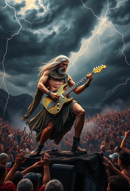 Live metal concert, above Mount Olympus, Zeus all-mighty God of Thunder plays the electric guitar, dark thunder clouds, lightning bolts, massive crowd. The best hardcore metal show that Earth has ever known.