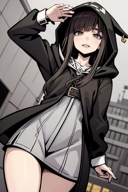 masterpiece, best quality, highly detailed,  shoka \(twewy\), 1girl, animal hood, black hoodie, grey eyes, black hair, city background, thick lineart