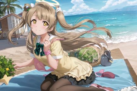 minami_kotori, 1girl, solo, <lora:minami_kotori_v3:0.8> (masterpiece),(best quality), (absurdres),(highres:1.1), outdoors, ocean, beach, horizon, cloudy sky, ((1girl)), hifumi \(blue archive\), (solo), sitting, (panties under pantyhose), white panties, looking at viewer, school uniform, pleated skirt, (halo), low twintails, collarbone, light brown hair, yellow eyes, (black pantyhose:1.2), light smile, blush