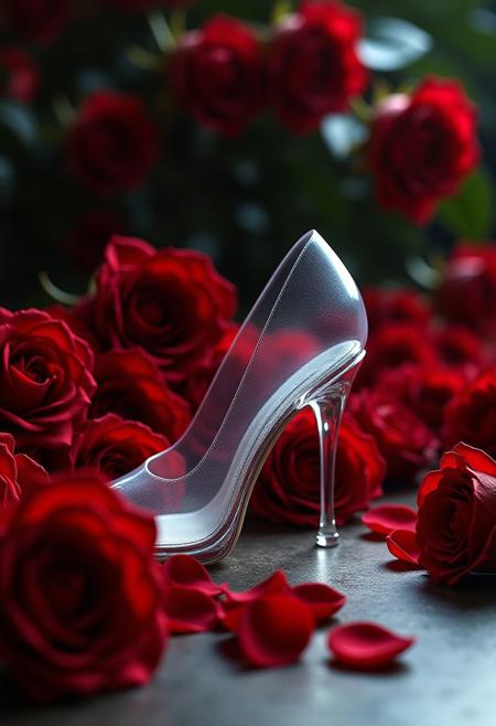 Photorealistic rendering of a transparent stiletto heel, submerged in a chaotic yet meticulously arranged field of crimson roses and scattered petals. The composition is a low-angle perspective, emphasizing the fragility of the heel against the overwhelming beauty of the floral display, the flowers strewn across a polished concrete floor. Hyper-detailed textures capture the delicate refraction of light through the glass heel and the velvety softness of the rose petals. Dramatic, volumetric lighting casts long, soft shadows, highlighting the three-dimensional depth and showcasing the meticulous arrangement. Captured with a Hasselblad X2D 100C, 35mm lens, f/2.8, 1/60th of a second exposure, ISO 200, emphasizing a shallow depth of field to isolate the heel and flowers while maintaining a hyper-real and artistic aesthetic. Black and red color palette dominates, creating a stark contrast and amplifying the mood of elegant decay.