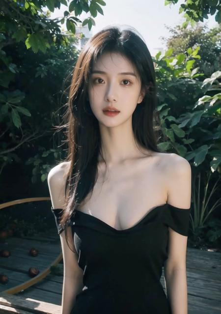 <lora:MengX girl_Mix_V40:1>,<lora:FilmVelvia3:0.3>,<lora:InstantPhotoX3:0.3>,
cinematic light, light background, 8k, dramatic lighting, extremily delicate, perfect skin, (photo realistic:1.40), (extremely deteailed hair), (very detailed eyes), perfect finger, looking at viewer (1girl), (offshoulder, black dress, chestnut hair, cleavage), sensual alure, sexual gaze, sensual vibe outdoor