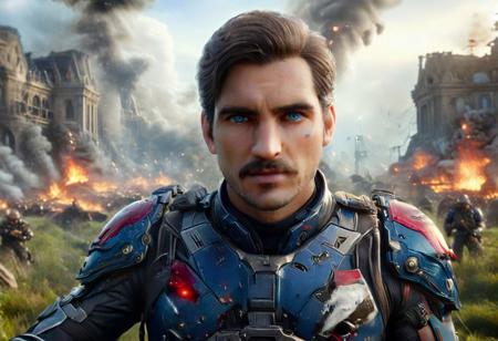 (best quality, highres), utopic futuristic analog film best godly masterpiece, realistic, straight on hyper action dynamic fast  shot of a 30 year old mustache commander 1man 32k ) must becombat pose stance holding best sword:1.3), French male intricate face, facial hair, buzzed hair, best male anatomy, symmetric limbs, masculine commander uniform on, fighting at the crowded battlefield 54k,   must be fast, must be quick, must be entertaining, original, best french male commander in action aesthetic composition with accurte perspective,    depth of field  128k, extreme battlefield background, cinematic illumination as in real life action movie, special FXs with iray, sony studios, by George Lucas, Ridley Scott, Arthur Adams, paramount pictures studios, dramatic, intense, complex, exceptional amplitude,   blurred sidekick actors at 4k, oppressive laser beams crackling ground 8k, explosions and millions of fighters army fighting  64k, solar ecplice 128k, everything coherent in the scene forming an exceptional epic majestic battle complex professional engineered composition, outstanding stunning scene, best seller, unforgettable, break all molds, insanely innovative, ultra professional actors involved in scene, discreet use of phonemenal CG realistic professional cinematic jaw-dropping effects hyper professional illumination,David R. Ellis, Martin Martin Scorsese, Exceptional IMAX studios, Howard Hall,Assault Rifle