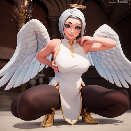 1girl, beautiful, dress, black leggings, squatting, facing the viewer, solo focus, pretty face, spread legs, arms behind head, <lora:ark_fortnite_1:1>, wings, full body, 3d,