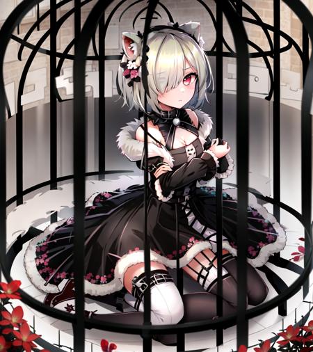 in cage; 1girl, fully inside cage,  cage, dress, flower, full body, fur collar, hair over one eye,  holding bars,  looking at viewer,  itting, solo, thighhighs, wariza
<lyco:in_container-step-30000:1>